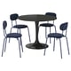 A DOCKSTA black round dining table with four blue upholstered chairs. Modern, sleek design with metal frames.