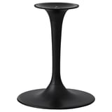 Black modern table stand, tall sleek column, circular base & top.