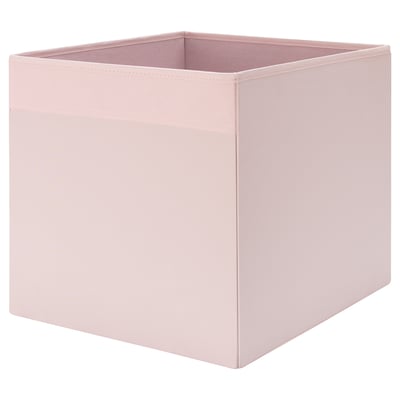 Pink fabric storage box, square shape, designed for shelving, stylish and functional.