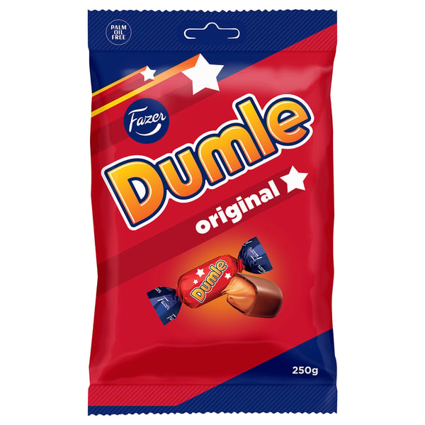 Image shows a bag of DUMLE original candy, 250 grammes, with colourful packaging.