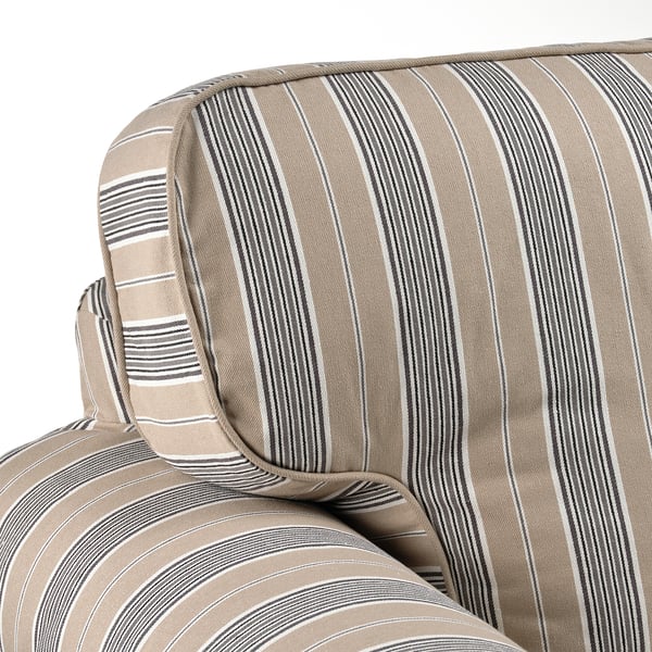Close-up of striped, cushioned furniture showing quality sewing and comfortable fabric.