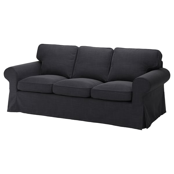 Dark gray EKTORP sofa, three-seat with rolled arms, thick cushions, removable cover.