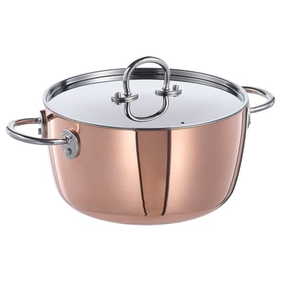 FINMAT copper saucepan with stainless steel lid, round, sleek design, mirror-like interior, perfect for cooking.