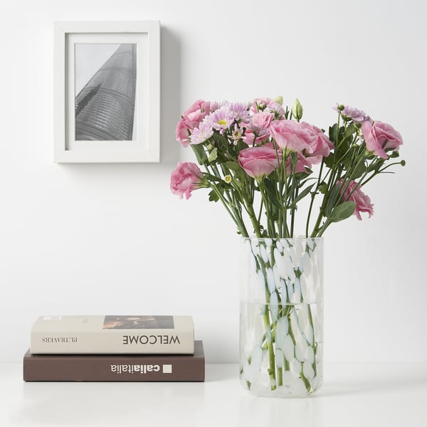 HÄCKOXEL Vase, dotted white, 20 cm