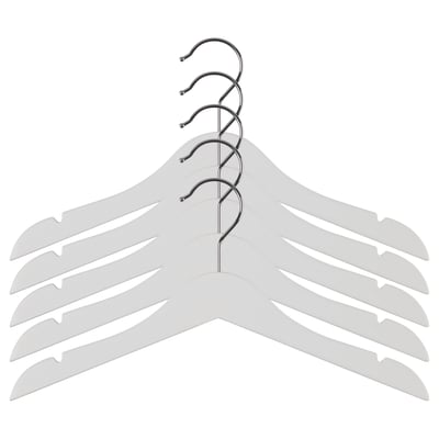 Five grey plastic hangers with chrome hooks, neatly arranged in a row against a white background. Designed for childrens clothes.