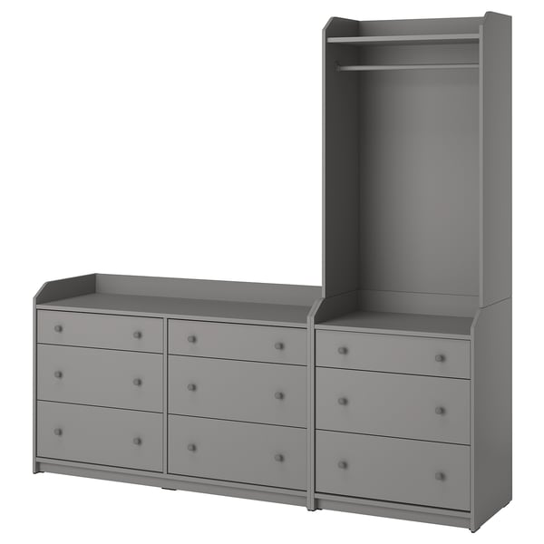 Gray HAUGA storage set with chest and wardrobe, providing ample storage with 6 drawers and hanging space, sleek modern design.