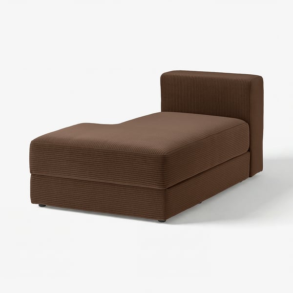 Brown corduroy modular sofa chaise longue with angled back.