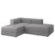 Image shows a modern, l-shaped grey sofa, minimalist design, with clean lines and 10-year guarantee.