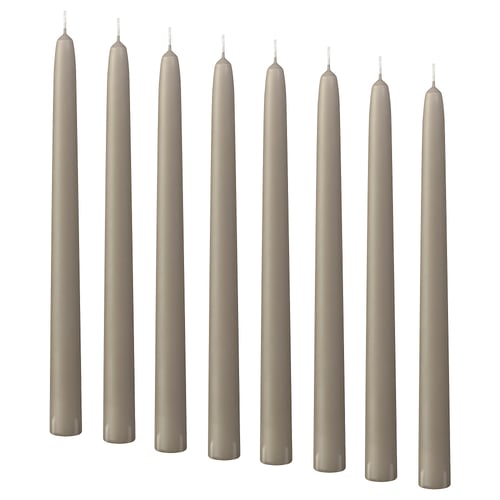 KLOKHET Unscented taper candle, grey-beige, 25 cm 6 hr