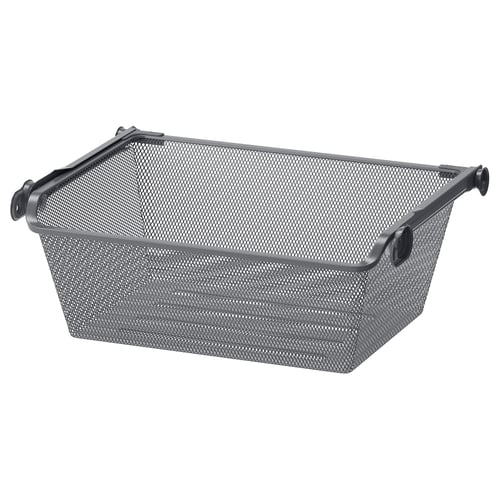 An empty grey metal mesh storage basket with handles. Its rectangular and designed for organising clothes or accessories.