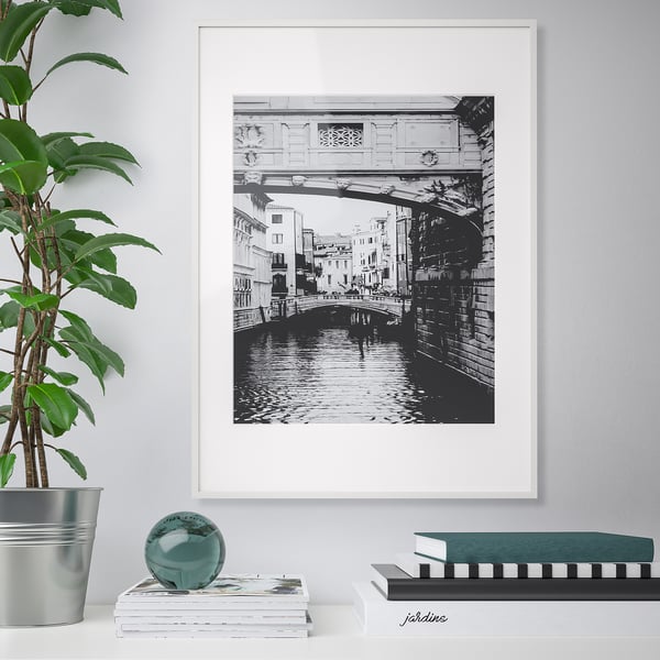 A framed black-and-white canal scene with bridge and a shelf below it holds books, a green orb, and a potted plant.