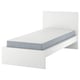A white MALM bed frame with a high headboard and a grey mattress. Its modern, minimalistic, and clean lines.