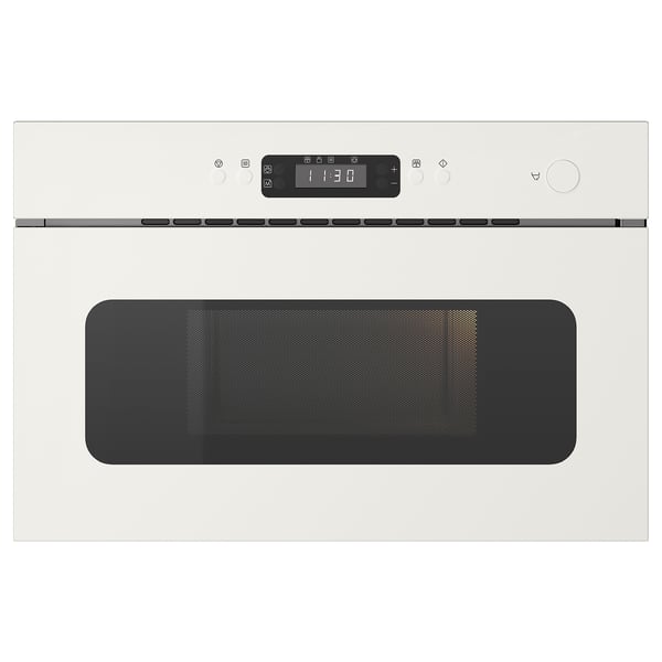 White wall-mounted microwave with digital display and control panel, featuring a sleek, handle-free design.