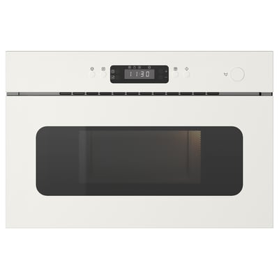 White wall-mounted microwave with digital display and control panel, featuring a sleek, handle-free design.