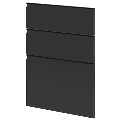 Modern black kitchen cabinet fronts with clean, handle-less design.