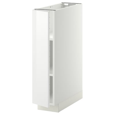 METOD white kitchen cabinet, glossy, rectangular with slightly open door.