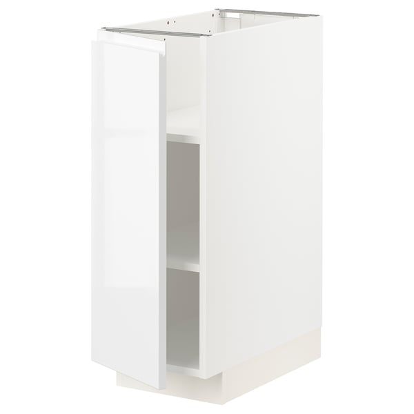 A white METOD kitchen cabinet with high gloss finish and a single shelf inside.