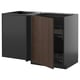 A dark gray ikea METOD kitchen corner cabinet with a dark brown wood-veneer door. The door is open, revealing a pull-out shelf inside.