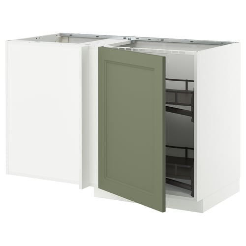 Modern kitchen unit with green door, white body, statement design, ideal storage, pull-out carousel.