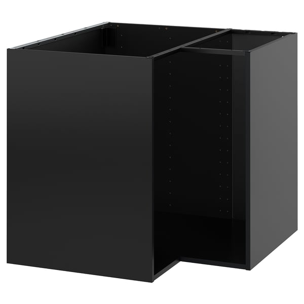 Black cubic kitchen cabinet from ikea METOD series; sleek, modern design with adjustable shelves.