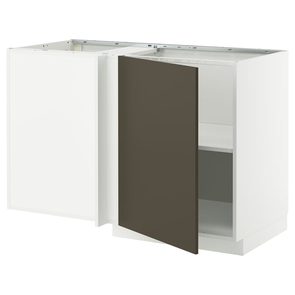 White l-shaped kitchen cabinet with dark brown door.