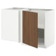 METOD kitchen cabinet with modern walnut door, open shelf, white frame.