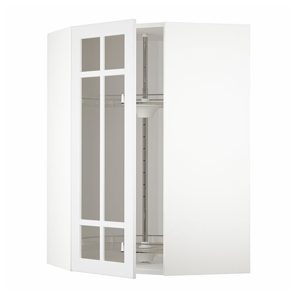 White METOD kitchen cabinet with glass doors and carousel shelf.