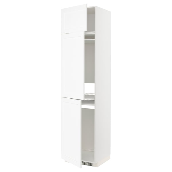White METOD kitchen cabinet with silver fixtures and interior shelves.