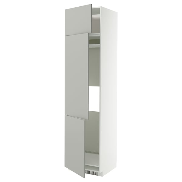 A white tall cabinet with glass doors, part of the METOD kitchen system, featuring a sleek and modern design with ample storage space.