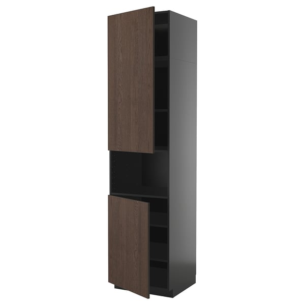 A tall kitchen cabinet with dark brown wood doors, featuring adjustable shelves and a sleek, modern design.