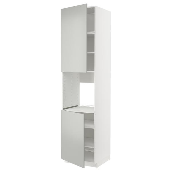 White METOD kitchen unit, modern design with grey havstorp fronts, clean look, metal shelves, rectangular shape.