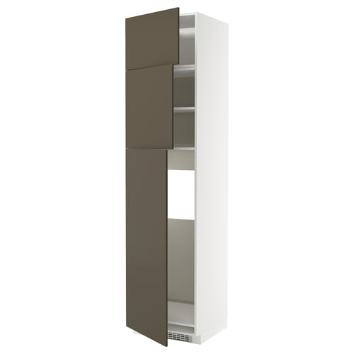 Displays a tall, modern storage cabinet in white with brown doors, featuring adjustable shelves inside.