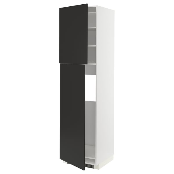 METOD kitchen unit with black doors and white body, slim and tall, two open black doors exposing shelves.