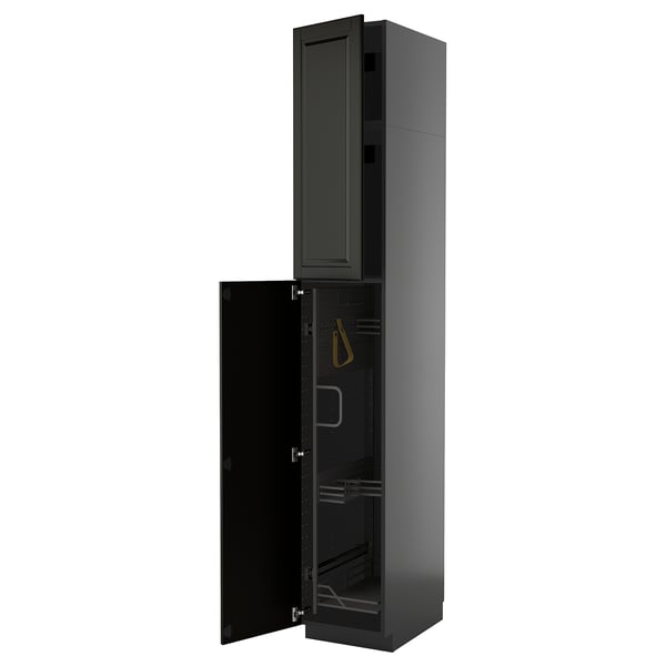 Black METOD kitchen cabinet with bodbyn fronts, beveled edges, and open door.