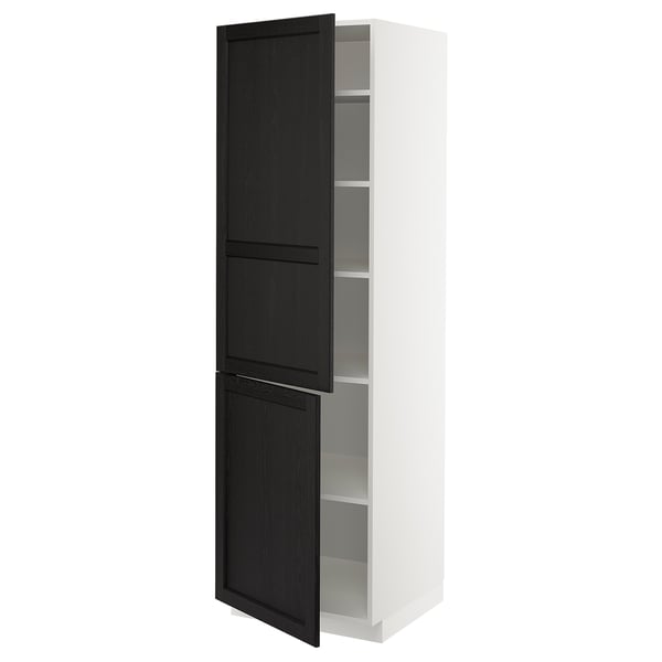 METOD kitchen cabinet with black-stained doors, bevelled edges, and open shelves.
