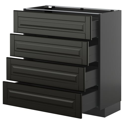Black METOD kitchen unit with four bevelled drawers.