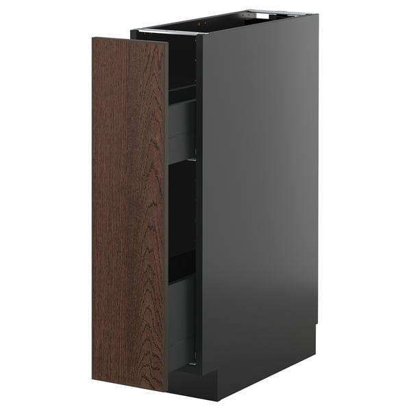 METOD kitchen unit: dark gray & brown; wood edging; tall, rectangular, 2 shelves.