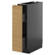 A black METOD kitchen cabinet with a wooden door pulled open, revealing shelves inside.