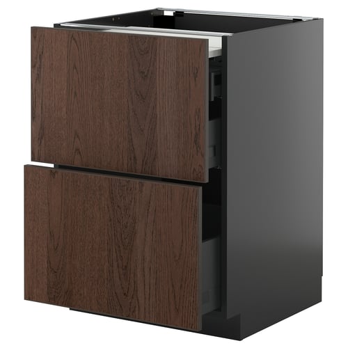 A dark brown METOD kitchen cabinet with two drawers. It a modern design with a sleek, dark look and sturdy metal drawer runners.