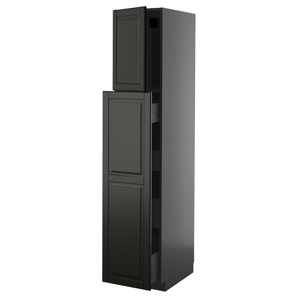 Dark grey METOD cabinet with bevelled bodbyn fronts; tall, rectangular, modern design.