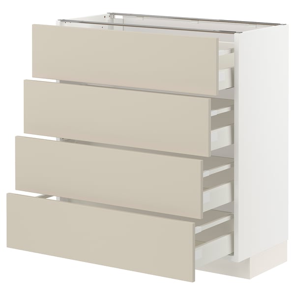 METOD kitchen cabinet in beige with four open drawers, sleek and minimalist design.
