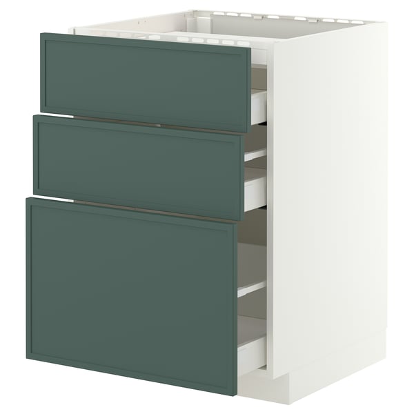 METOD / MAXIMERA Base cab f hob/3 fronts/3 drawers, white/Aspudden dark grey-green, 60x60 cm