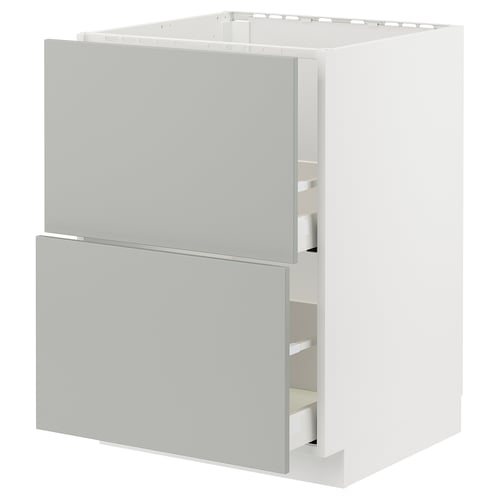 Modern light grey kitchen cabinet with two open drawers, part of the METOD series, featuring a sleek, minimalist rectangular design.