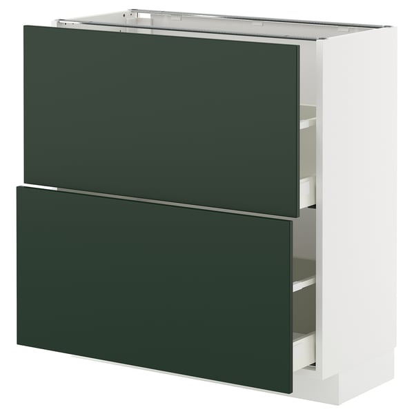 A METOD kitchen cabinet in deep green with two drawers and a white frame.