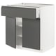 Modern kitchen cabinet: METOD with dark grey voxtorp fronts, integrated handles. Square, sleek design with drawer and shelves.