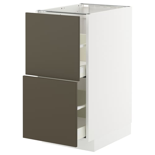 Modern kitchen cabinet, white with 2 dark brown drawers, sleek design.