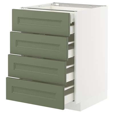 IKEA METOD kitchen cabinet with grey-green drawers, four-tier, sleek and modern design.
