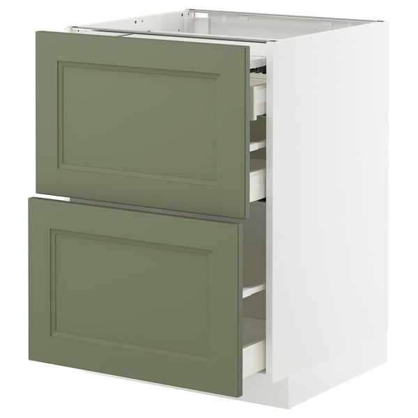 METOD kitchen cabinet with green drawers and white frame, rectangular shape.