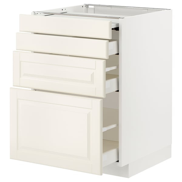 Displays a white METOD kitchen cabinet with three open drawers, featuring a traditional design with beveled edges.