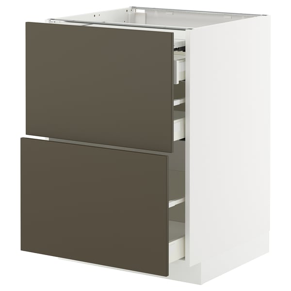 Modern white kitchen cabinet with dark brown drawers, sleek design.